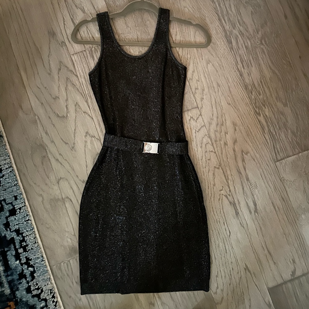 Balmain. Never worn. Black sparkly mini dress with belt.